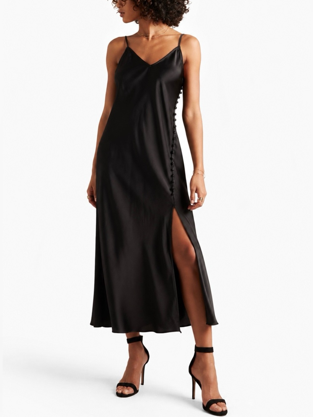 Banana Republic Black Midi Slip Dress 90s Satin Side Slit Buttons 8P Minimalist